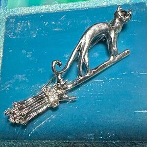 Cat On Broomstick Brooch Pin Silver Tone with Crystals Halloween Accessory